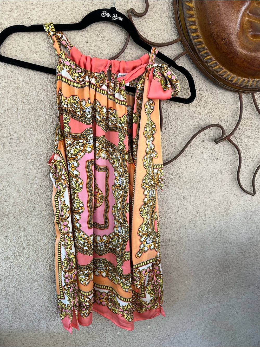 Cache Coral Pink and Peach Printed Tie-Shoulder top like new